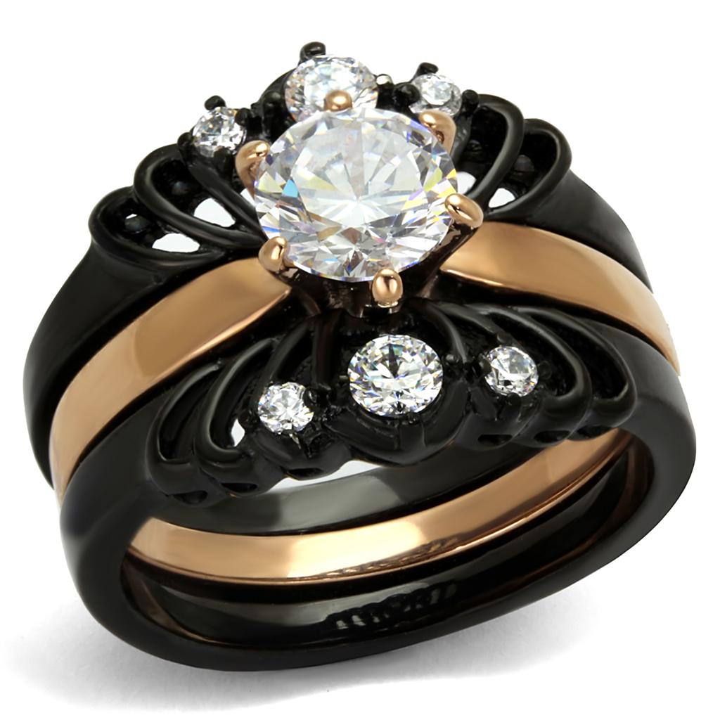 IP Rose Gold+ IP Black (Ion Plating) Stainless Steel Ring with AAA Grade CZ  in Clear