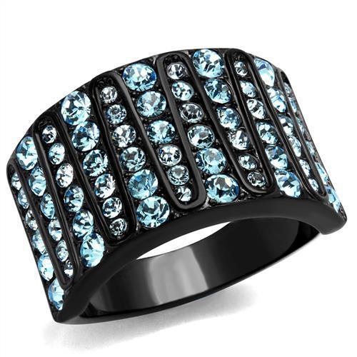 IP Black(Ion Plating) Stainless Steel Ring with Top Grade Crystal  in Sea Blue