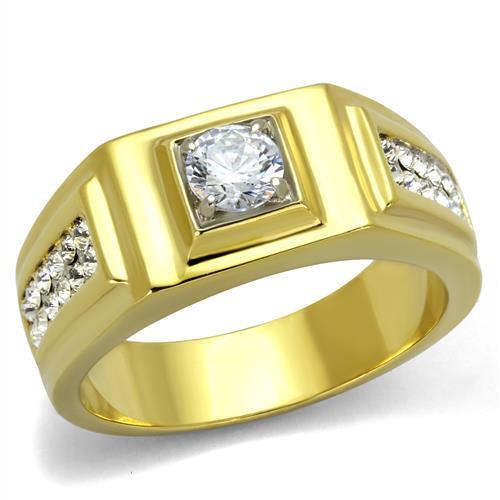 Two-Tone IP Gold (Ion Plating) Stainless Steel Ring with AAA Grade CZ  in Clear