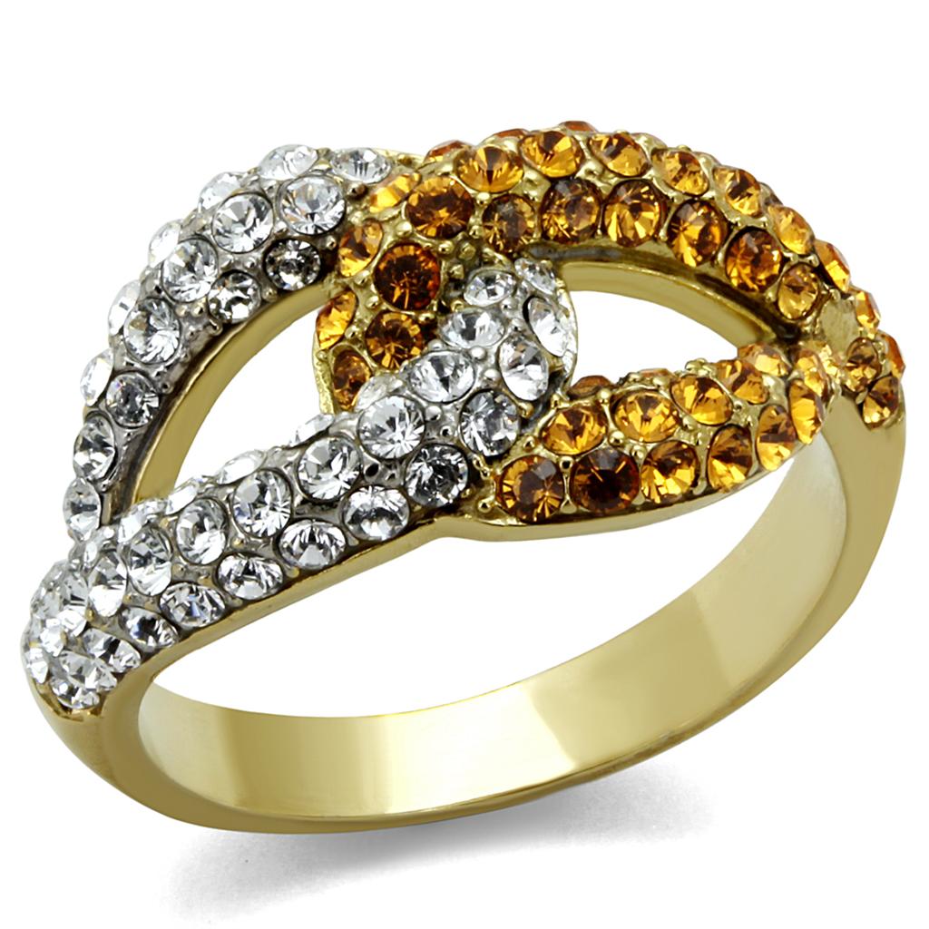Two-Tone IP Gold (Ion Plating) Stainless Steel Ring with Top Grade Crystal  in Topaz