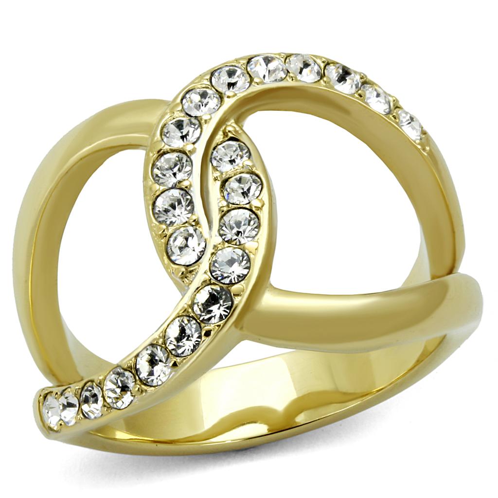 Two-Tone IP Gold (Ion Plating) Stainless Steel Ring with Top Grade Crystal  in Clear