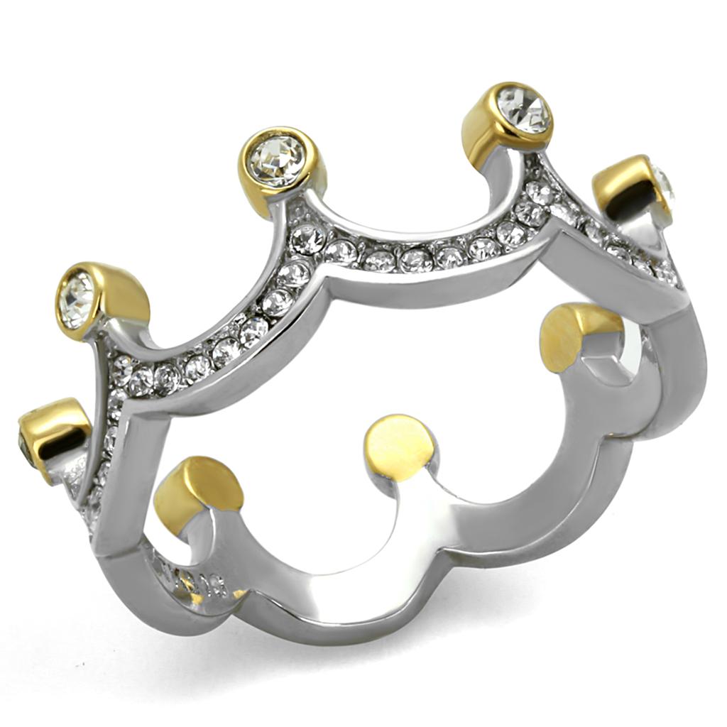 Two-Tone IP Gold (Ion Plating) Stainless Steel Ring with Top Grade Crystal  in Clear
