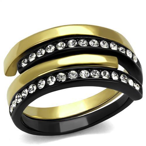 IP Gold+ IP Black (Ion Plating) Stainless Steel Ring with Top Grade Crystal  in Clear