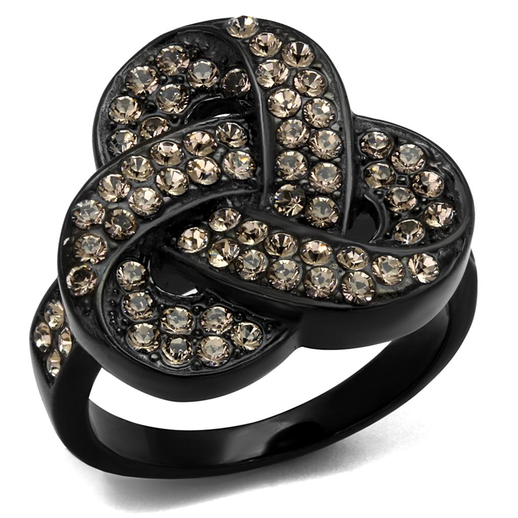 IP Black(Ion Plating) Stainless Steel Ring with Top Grade Crystal  in Light Smoked