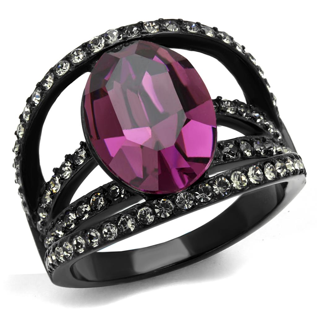 IP Black(Ion Plating) Stainless Steel Ring with Top Grade Crystal  in Amethyst