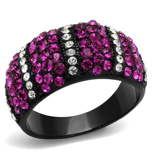 IP Black(Ion Plating) Stainless Steel Ring with Top Grade Crystal  in Fuchsia