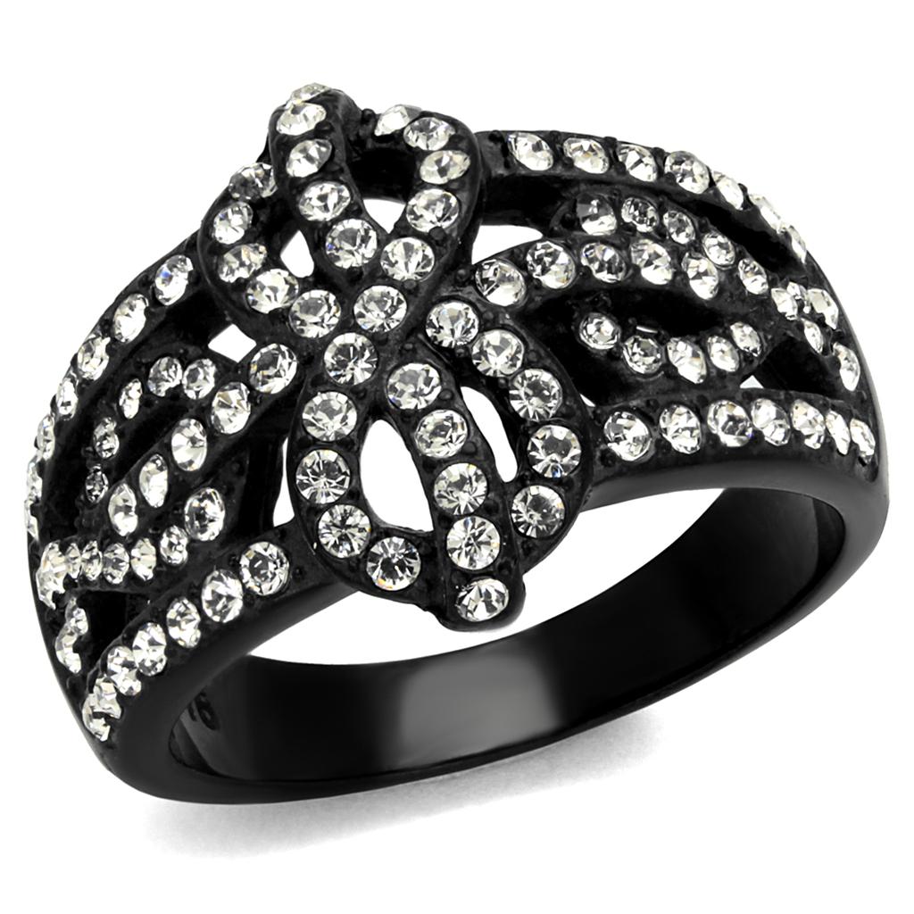 IP Black(Ion Plating) Stainless Steel Ring with Top Grade Crystal  in Clear