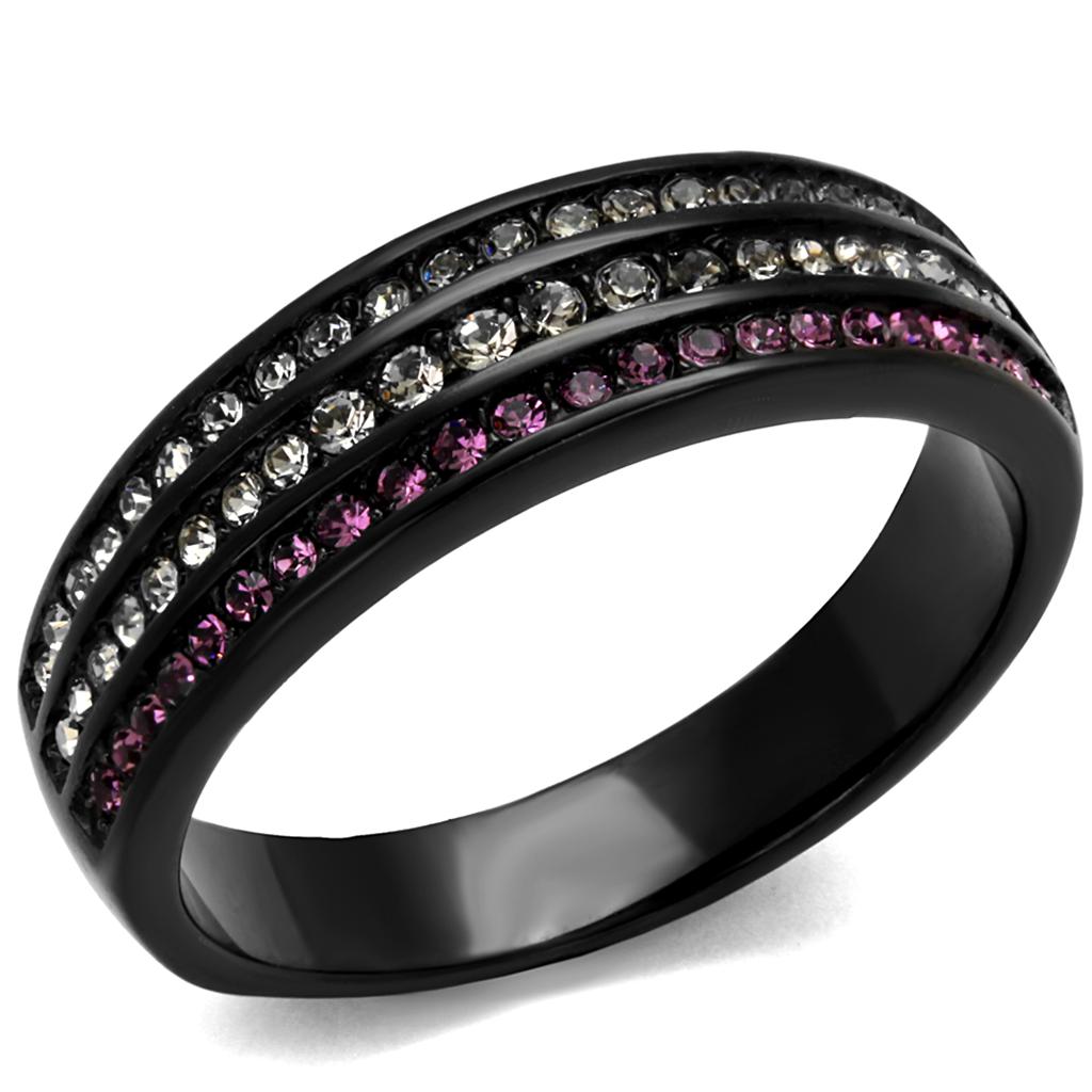 IP Black(Ion Plating) Stainless Steel Ring with Top Grade Crystal  in Amethyst