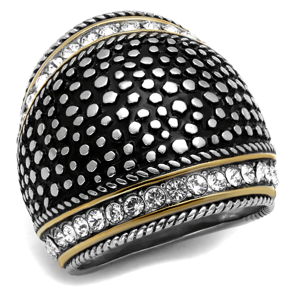 Two-Tone IP Gold (Ion Plating) Stainless Steel Ring with Top Grade Crystal  in Clear