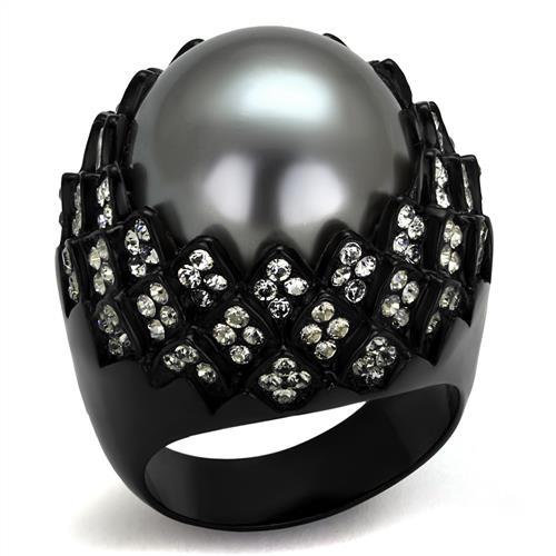 IP Black(Ion Plating) Stainless Steel Ring with Synthetic Pearl in Gray