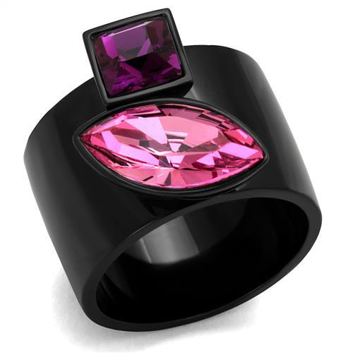IP Black(Ion Plating) Stainless Steel Ring with Top Grade Crystal  in Rose