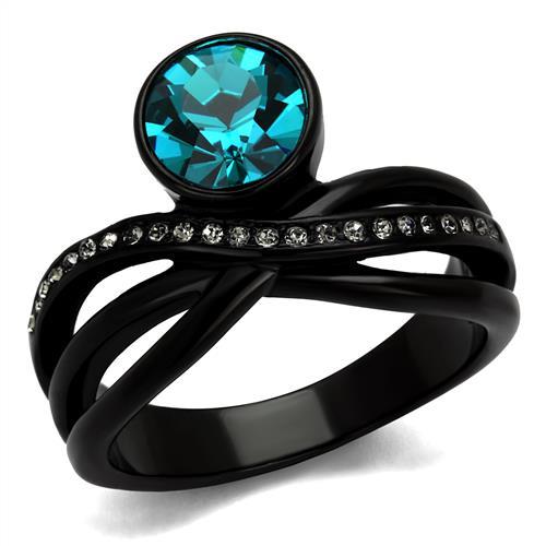 IP Black(Ion Plating) Stainless Steel Ring with Top Grade Crystal  in Blue Zircon