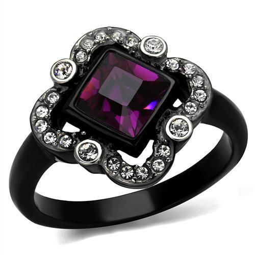 Two-Tone IP Black Stainless Steel Ring with Top Grade Crystal  in Fuchsia