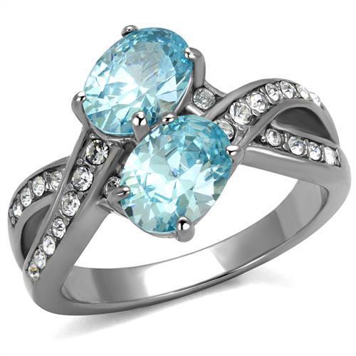 High polished (no plating) Stainless Steel Ring with AAA Grade CZ  in Sea Blue