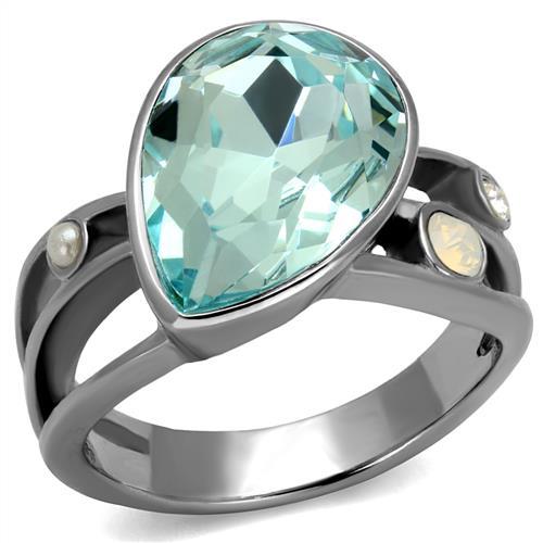 High polished (no plating) Stainless Steel Ring with Top Grade Crystal  in Sea Blue