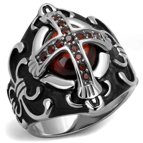 High polished (no plating) Stainless Steel Ring with AAA Grade CZ  in Garnet