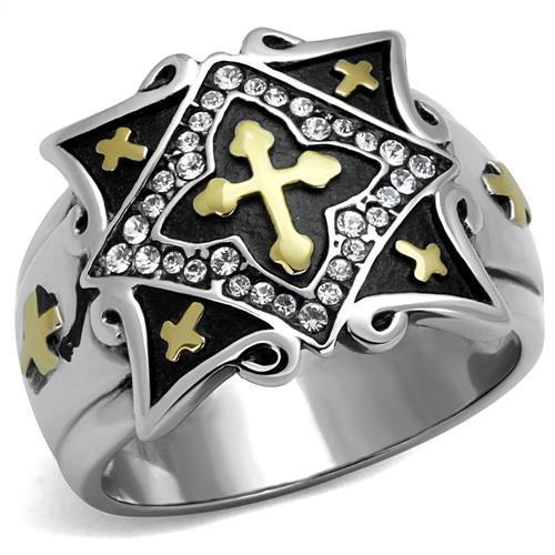 Two-Tone IP Gold (Ion Plating) Stainless Steel Ring with Top Grade Crystal  in Clear