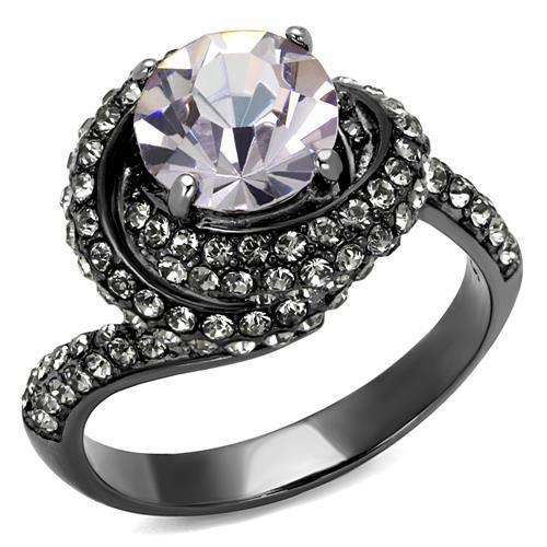 IP Light Black  (IP Gun) Stainless Steel Ring with Top Grade Crystal  in Light Amethyst