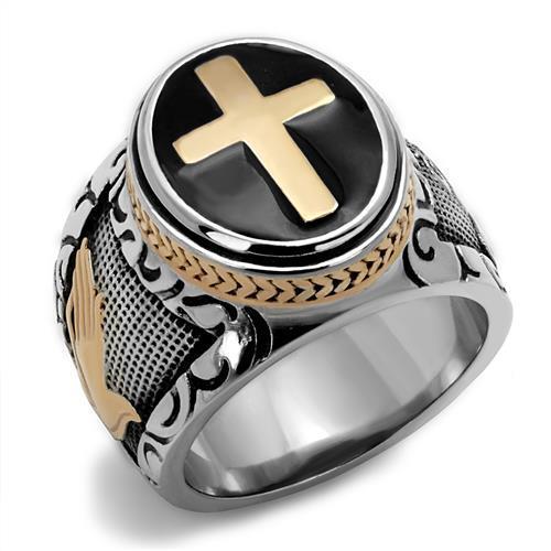 Two-Tone IP Rose Gold Stainless Steel Ring with Epoxy  in Jet