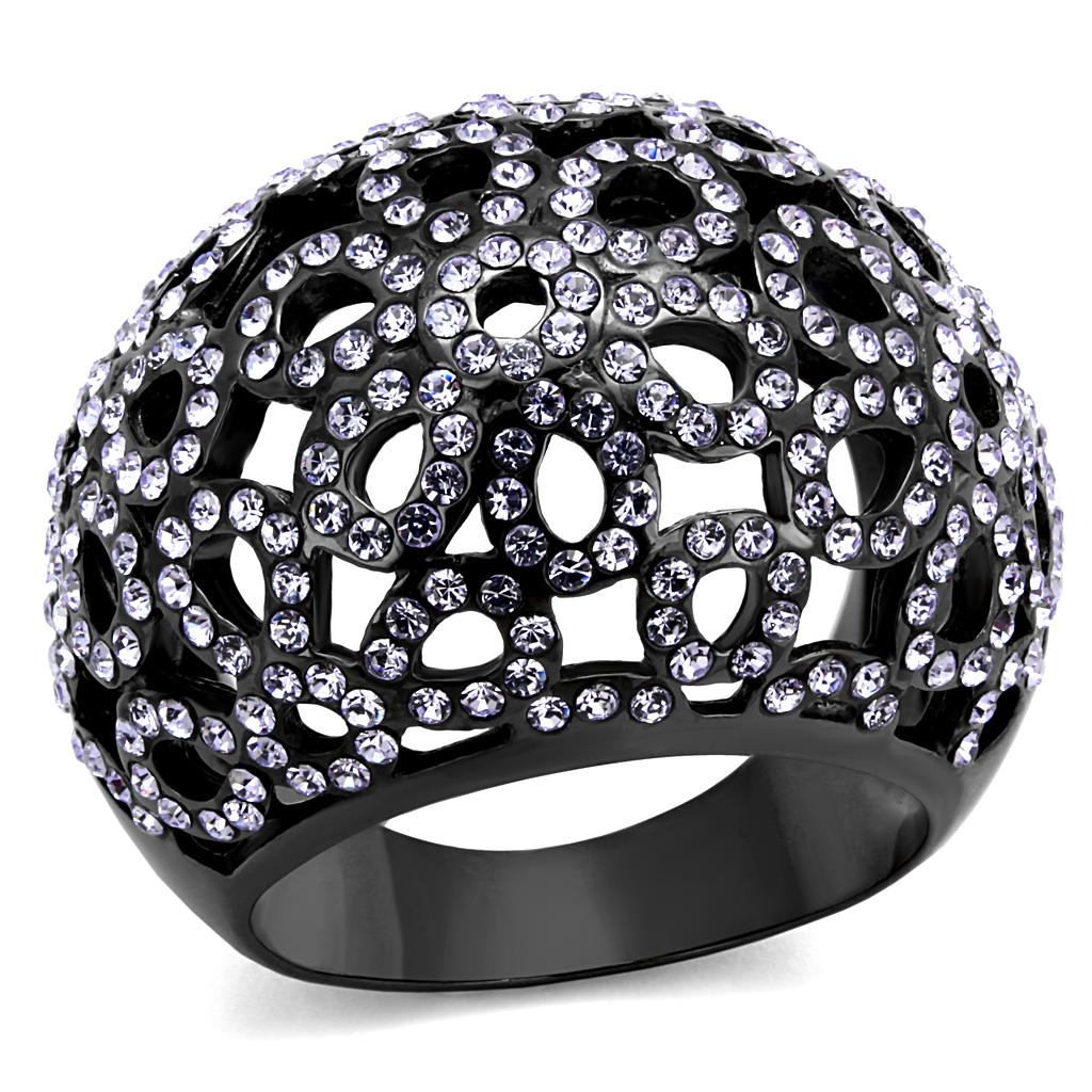 IP Light Black  (IP Gun) Stainless Steel Ring with Top Grade Crystal  in Tanzanite