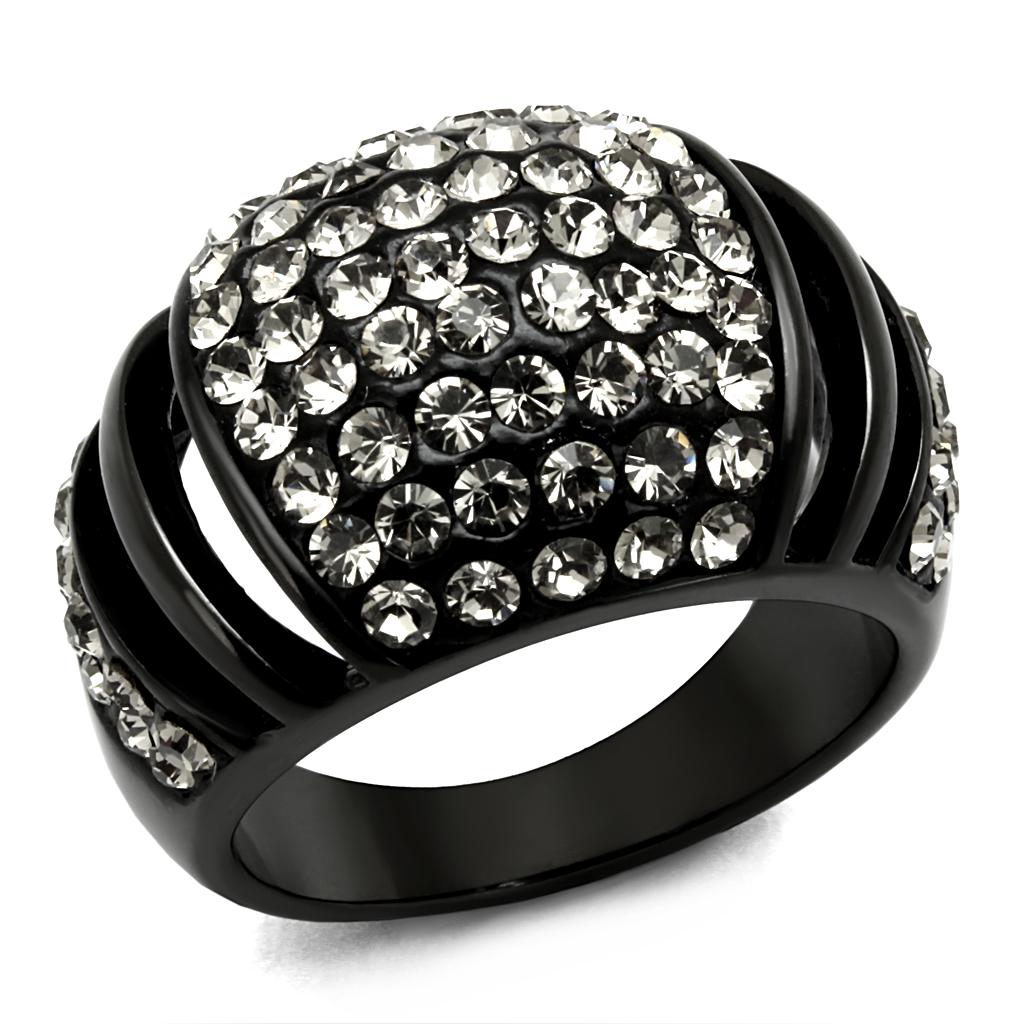 IP Black(Ion Plating) Stainless Steel Ring with Top Grade Crystal  in Hematite