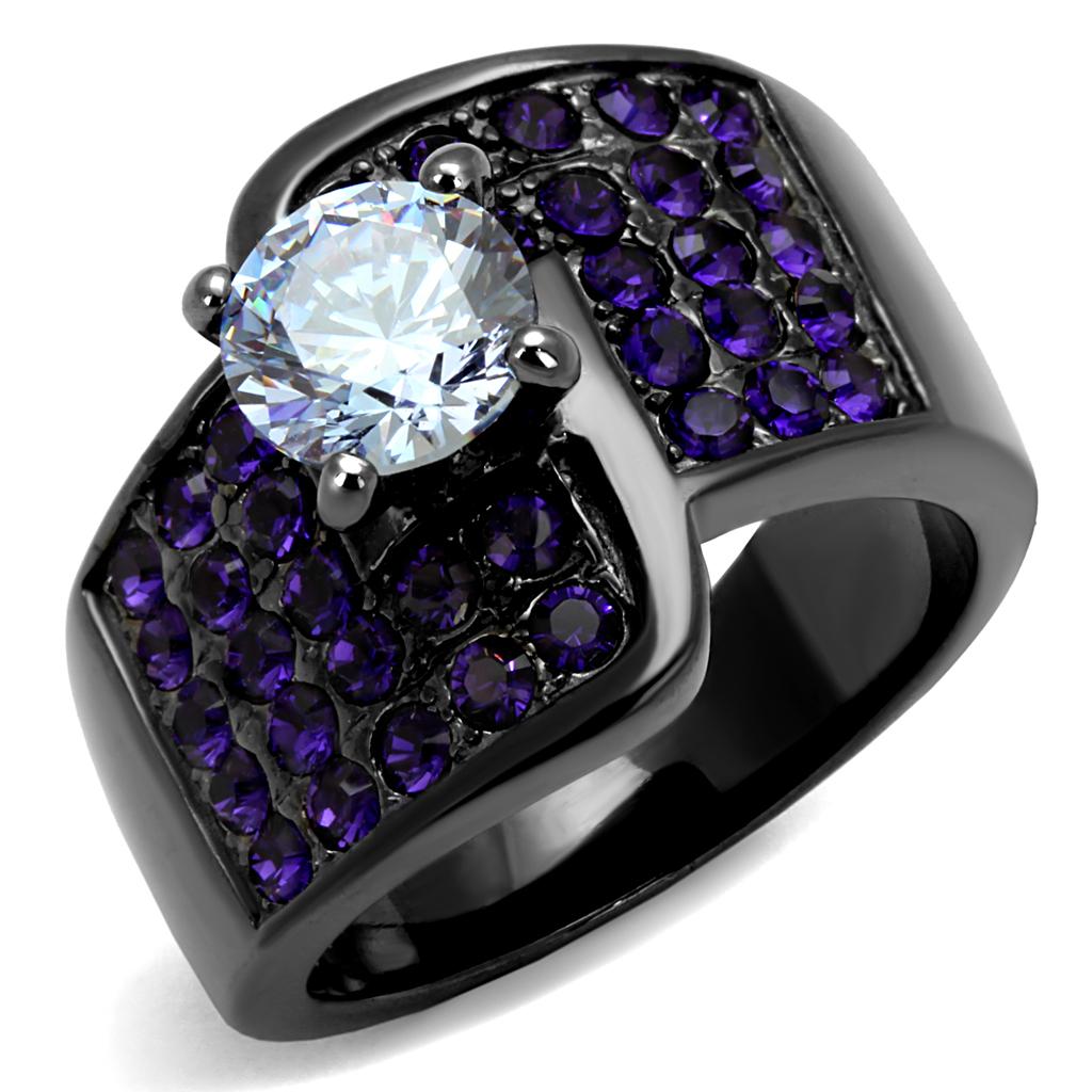 IP Light Black  (IP Gun) Stainless Steel Ring with AAA Grade CZ  in Light Amethyst