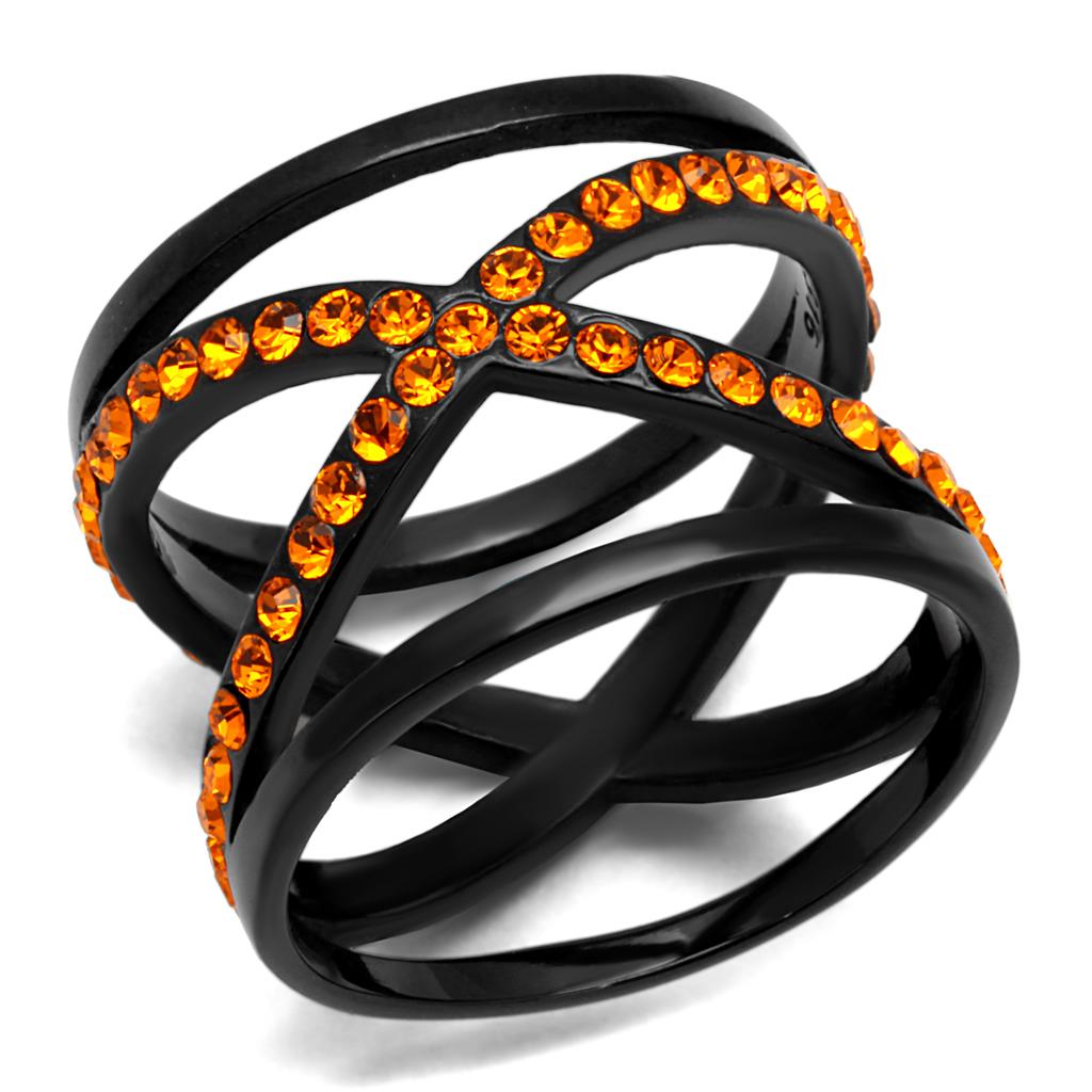 IP Black(Ion Plating) Stainless Steel Ring with Top Grade Crystal  in Orange