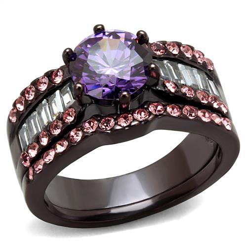 IP Dark Brown (IP coffee) Stainless Steel Ring with AAA Grade CZ  in Amethyst