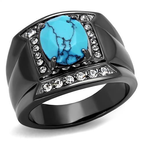 IP Light Black  (IP Gun) Stainless Steel Ring with Synthetic Turquoise in Sea Blue