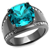 IP Light Black  (IP Gun) Stainless Steel Ring with Top Grade Crystal  in Blue Zircon