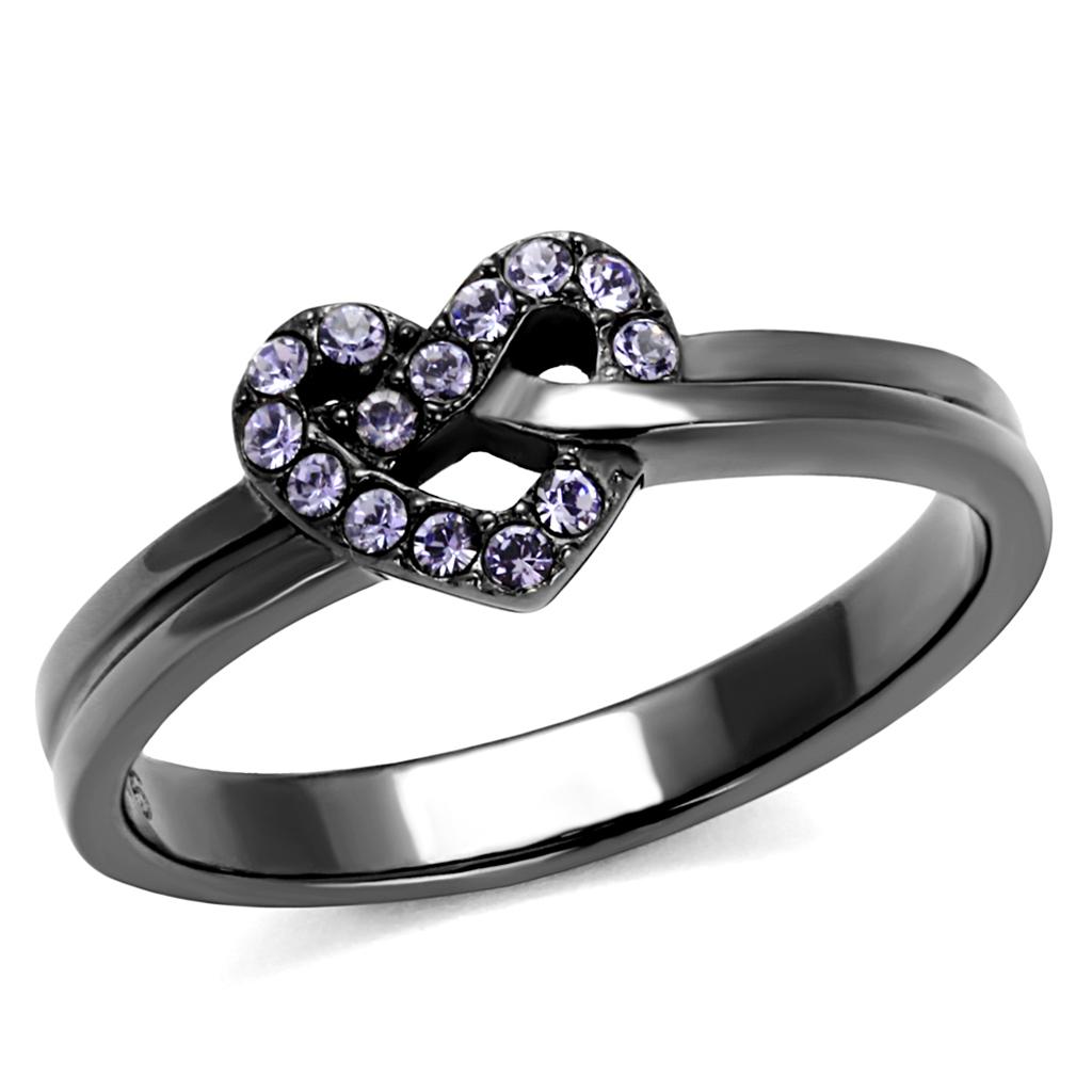 IP Light Black  (IP Gun) Stainless Steel Ring with Top Grade Crystal  in Light Amethyst