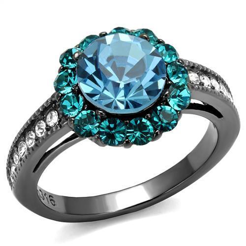 IP Light Black  (IP Gun) Stainless Steel Ring with Top Grade Crystal  in Sea Blue