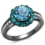 IP Light Black  (IP Gun) Stainless Steel Ring with Top Grade Crystal  in Sea Blue