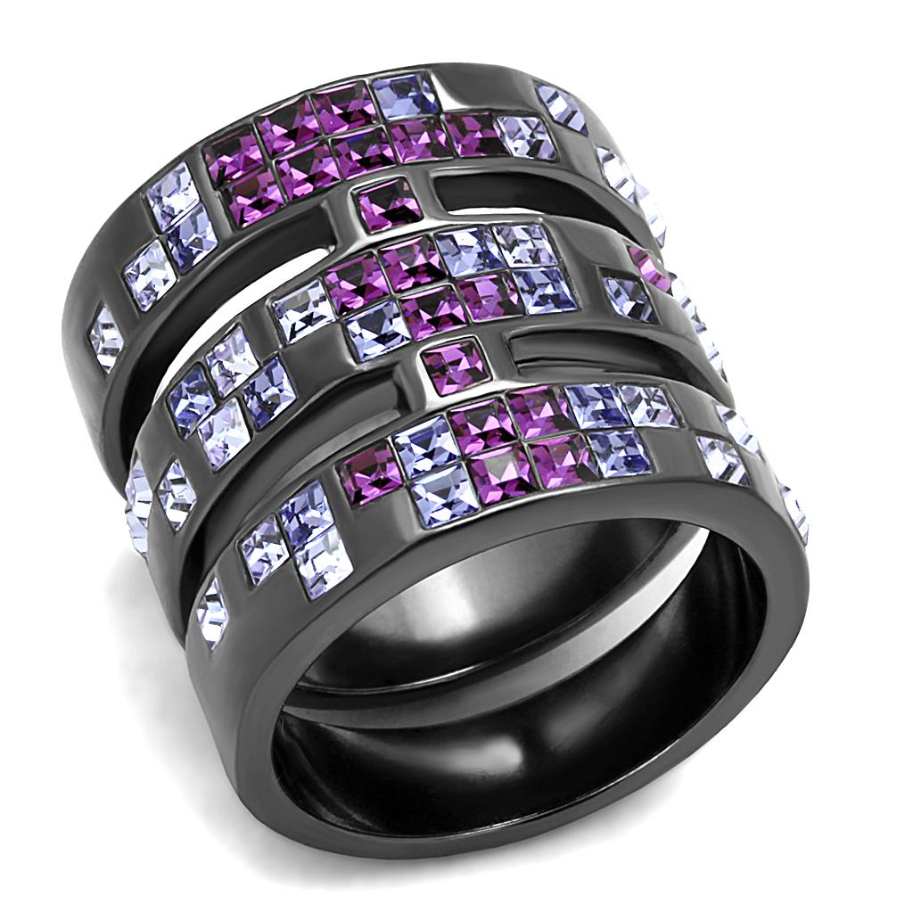 IP Light Black  (IP Gun) Stainless Steel Ring with Top Grade Crystal  in Multi Color
