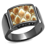 IP Light Black  (IP Gun) Stainless Steel Ring with Leather  in Brown
