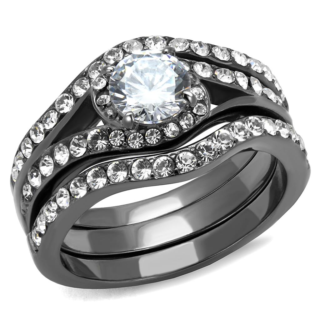 IP Light Black  (IP Gun) Stainless Steel Ring with AAA Grade CZ  in Clear