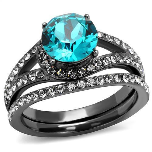 IP Light Black  (IP Gun) Stainless Steel Ring with Top Grade Crystal  in Blue Zircon