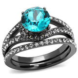 IP Light Black  (IP Gun) Stainless Steel Ring with Top Grade Crystal  in Blue Zircon