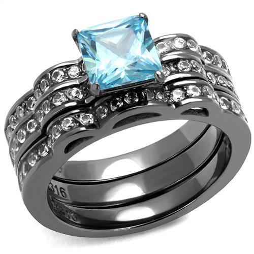 IP Light Black  (IP Gun) Stainless Steel Ring with AAA Grade CZ  in Sea Blue