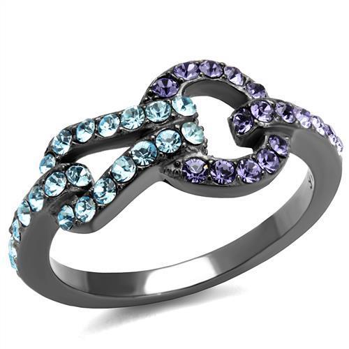 IP Light Black  (IP Gun) Stainless Steel Ring with Top Grade Crystal  in Tanzanite