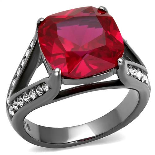 IP Light Black  (IP Gun) Stainless Steel Ring with Synthetic Corundum in Ruby