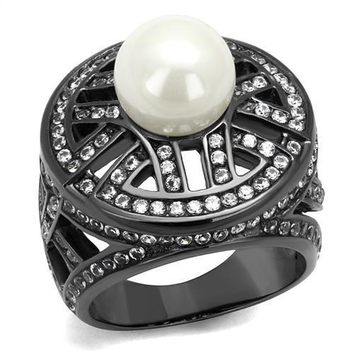IP Light Black  (IP Gun) Stainless Steel Ring with Synthetic Pearl in White