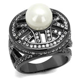 IP Light Black  (IP Gun) Stainless Steel Ring with Synthetic Pearl in White