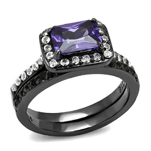 IP Light Black  (IP Gun) Stainless Steel Ring with AAA Grade CZ  in Tanzanite