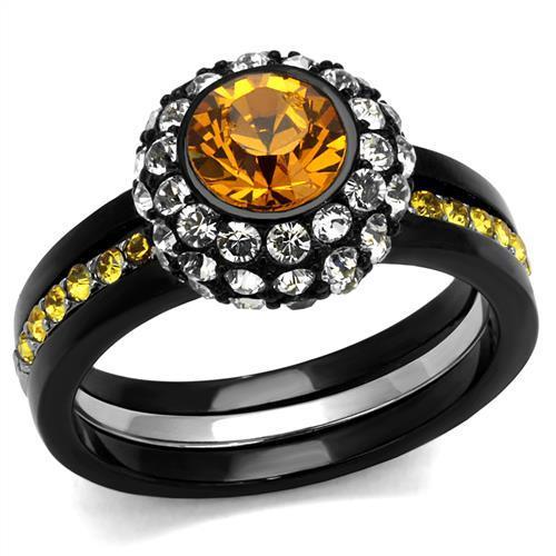Two-Tone IP Black (Ion Plating) Stainless Steel Ring with Top Grade Crystal  in Topaz