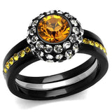 Two-Tone IP Black (Ion Plating) Stainless Steel Ring with Top Grade Crystal  in Topaz