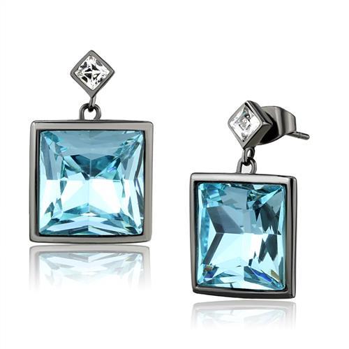 IP Light Black  (IP Gun) Stainless Steel Earrings with Top Grade Crystal  in Sea Blue