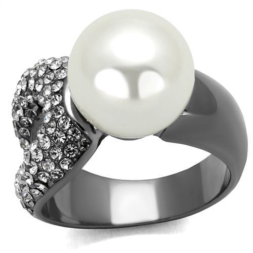 IP Light Black  (IP Gun) Stainless Steel Ring with Synthetic Pearl in White