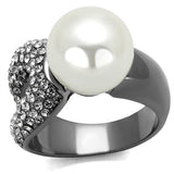 IP Light Black  (IP Gun) Stainless Steel Ring with Synthetic Pearl in White