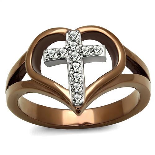 Two Tone IP Light Brown (IP Light coffee) Stainless Steel Ring with Top Grade Crystal  in Clear